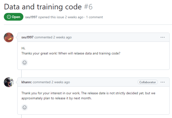 데이터와 훈련용 코드는 언제 공개하냐는 한 유저의 질문에 개발자 차준범씨가 답변하는 모습. 사진=깃허브