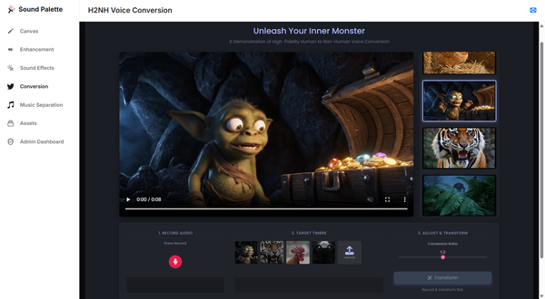 NC AI가 세계 최대 음성·언어 기술 학회인 INTERSPEECH 2025에서 혁신적인 몬스터 사운드 생성·변환 AI 기술을 전 세계에 공개한다. 사진은 몬스터사운드 기술이 반영된 사운드 팔레트 화면. 사진=NC AI