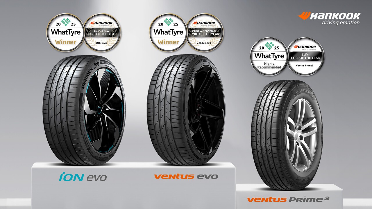 한국타이어앤테크놀로지의 전기차 전용 퍼포먼스 타이어 '아이온 에보'와 퍼포먼스 타이어 '벤투스 에보'가 영국 타이어 전문 매체 '왓타이어'의 '2025 왓타이어 어워드'에서 각각 '올해의 전기차 타이어'와 '올해의 퍼포먼스 타이어' 부문을 수상했다. 사진=한국타이어