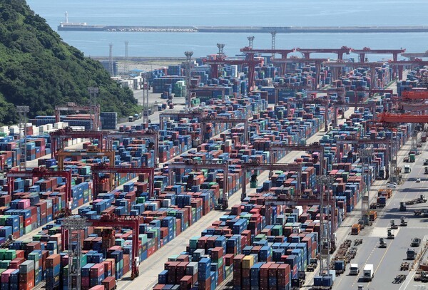 부산 남구 신선대부두 야적장에 수출입 컨테이너가 쌓여 있다. 사진=뉴시스