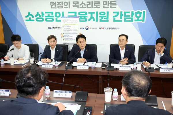 권대영(가운데) 금융위원회 부위원장이 서울 영등포구 소상공인연합회에서 열린 현장의 목소리로 만든 소상공인 금융지원 간담회에서 발언하고 있다. 오른쪽 두 번째는 송치영 소상공인연합회장. 사진=뉴시스