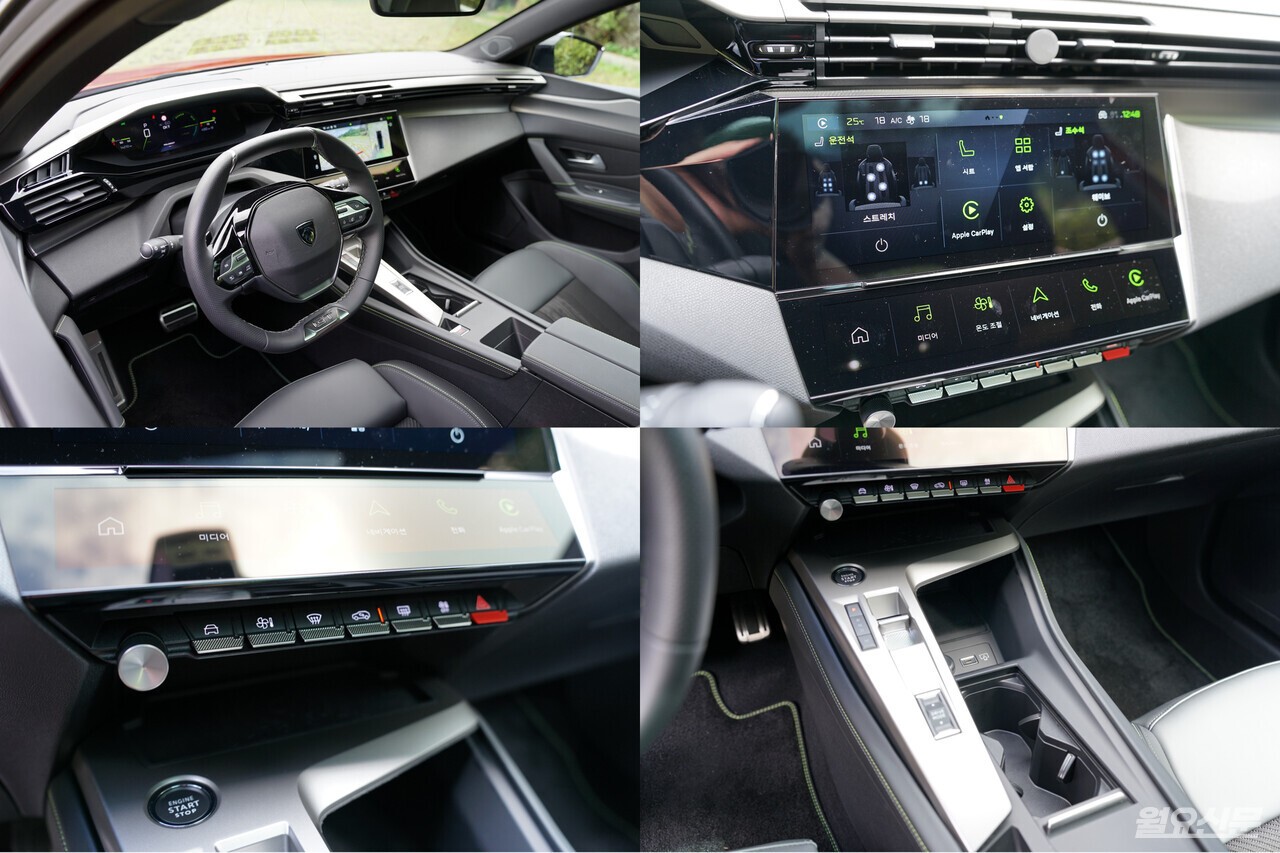 (상단 왼쪽부터 시계방향으로)푸조만의 독창적인 실내 디자인, 푸조 308 하이브리드 센터 디스플레이, 센터 콘솔의 수납공간, 센터페시아 하단 피아노 키 토글. 308만의 감성이 돋보이는 실내 모습이다. 사진=김윤겸 기자