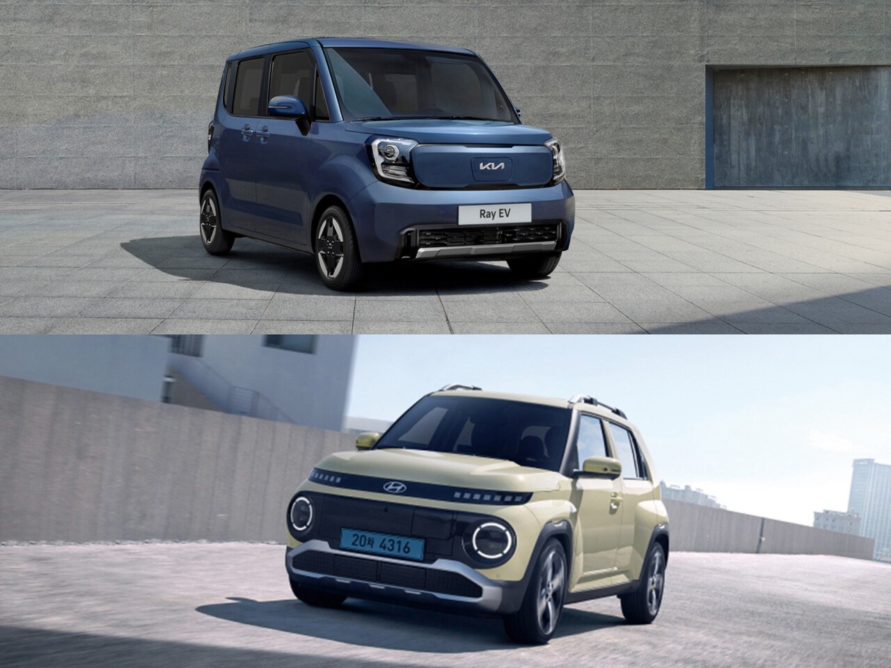 기아 레이 EV(위)와 현대차 캐스퍼 일렉트릭(아래). 두 모델은 동일한 소형 전기차지만 성능·경제성·공간 활용성에서 뚜렷한 차이를 보인다. 사진=각 사 제공