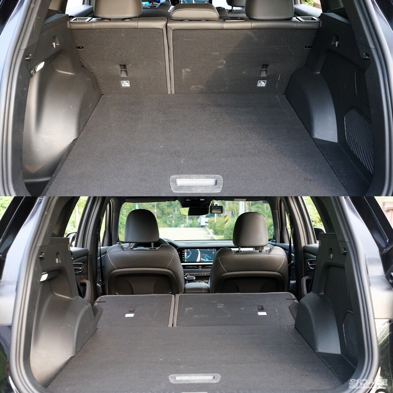 위 사진은 기본 상태로 633L의 적재 공간을 확보했으며 아래 사진은 2열 시트를 6:4로 폴딩한 모습으로 최대 2023L까지 수납공간이 확장된다. 사진=김윤겸 기자