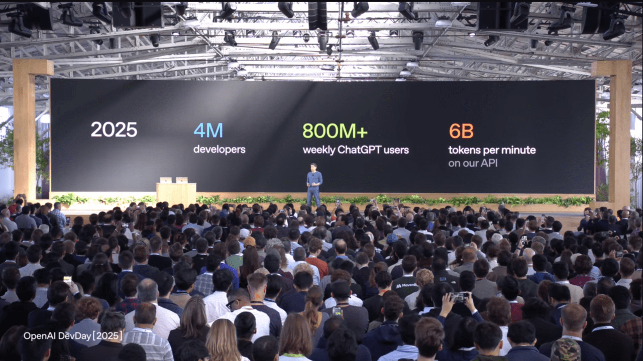 샘 올트먼 오픈AI 최고경영자(CEO)가 6일(현지시간) 미국 캘리포니아주 샌프란시스코에서 열린 개발자 컨퍼런스 '데브데이 2025'에서 기조연설을 하고 있다. 사진=오픈AI 유튜브 캡처