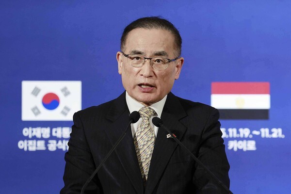 20일(현지시간) 이집트 카이로 한국 프레스센터에서 한-이집트 정상회담 관련 기자회견 중인 위성락 국가안보실장. 사진=뉴시스