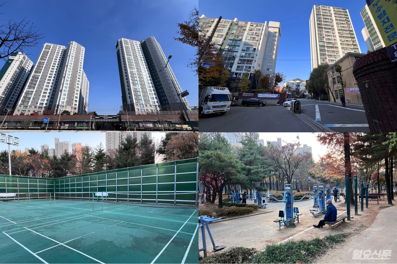 사진은 좌측 상단부터 시계방향으로 송내역파인푸르지오 1단지, 송내뉴서울아파트, 솔안공원, 솔안공원 내 배드민턴장. 주변으로 아파트 단지와 공원 등이 갖춰져 있어 생활 여건이 준수하다. 사진=김윤겸 기자